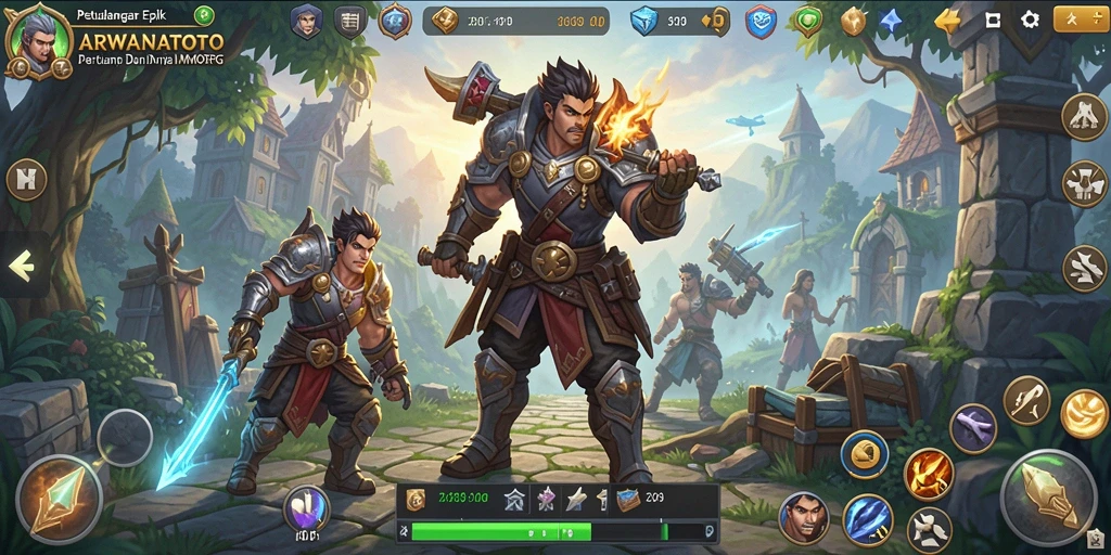 Screenshot gameplay ARWANATOTO menunjukkan pertempuran seru di dunia fantasi.
