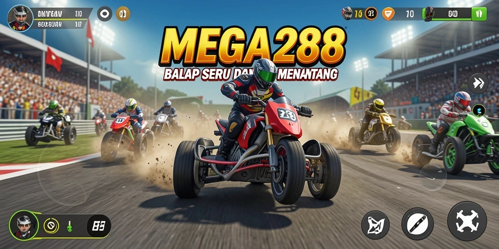 Screenshot MEGA288 menampilkan gameplay balap yang mendebarkan dan mobil yang menakjubkan.