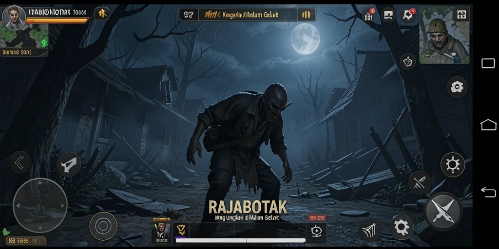 Tampilan gameplay RAJABOTAK dengan suasana kegelapan yang mencekam.