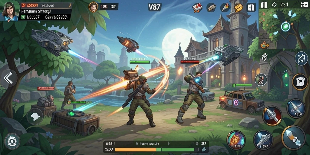Screenshot V87 menampilkan pertarungan strategis yang mendebarkan.